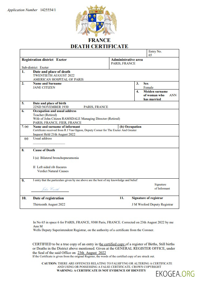 Modèle Word et PDF d'acte de décès d'acte d'état civil en France